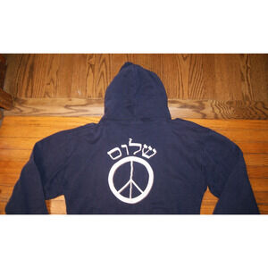 Vintage Peace Symbol Hebrew Spell Out Dark Blue Mens Large Zip Hoodie Sweatshirt